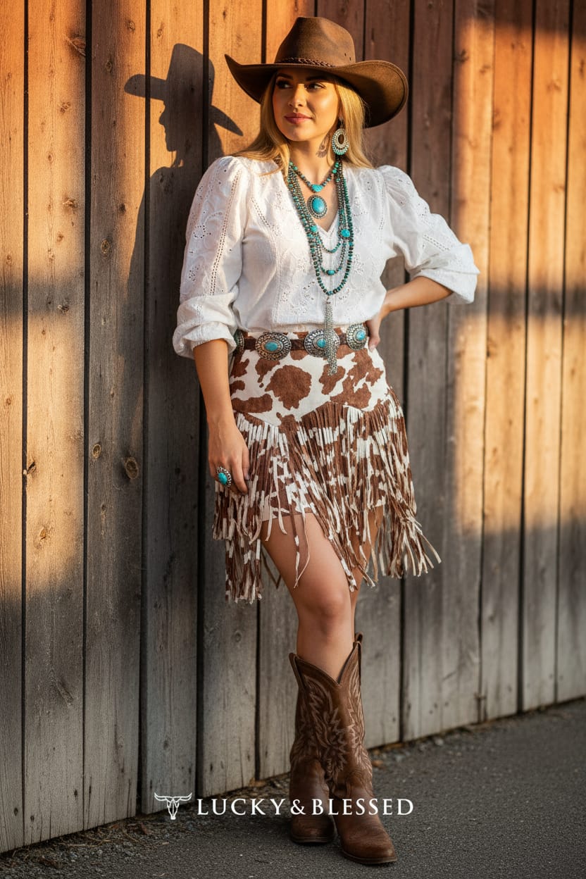 Brown Suede Cow Printed Western Yoke Fringe Skirt – Forever