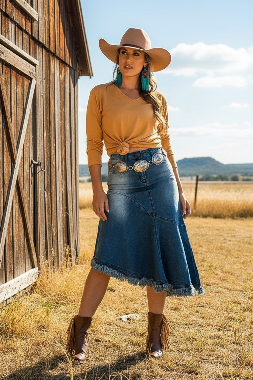 Denim High Rise Side Ruffle Midi Skirt With Raw Hem
