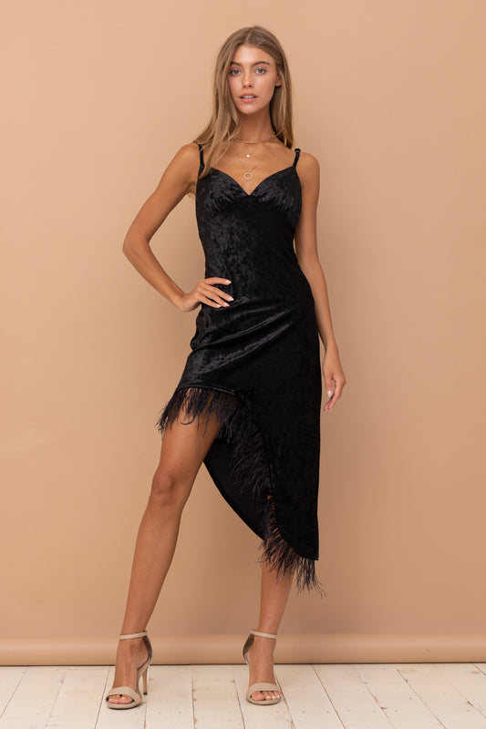 With its chic and boho design, the Ale Velvet Sweetheart Asymmetrical Feather Hem Dress is perfect for any occasion.  Made with 95% polyester and 5% spandex, it offers both comfort and style.  The black color and sweetheart neckline add a touch of elegance, while the asymmetrical feather hem adds a unique and eye-catching detail.  Elevate your wardrobe with this stunning dress.