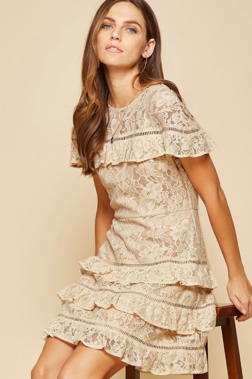 Elevate your wardrobe with our Esther Over Lace Dress. This chic dress features ruffles all over the hem and neckline, adding a touch of boho flair. The short sleeves and fully lined design provide comfort while the zipper closure on the back offers easy wear. Made with 100% polyester, this dress is perfect for any occasion and pairs well with denim for a Western fashion look. Embrace your bohemian side with our Esther Over Lace Dress.
