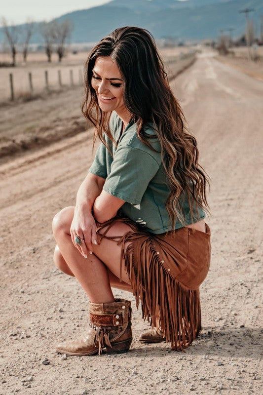 Camel Faux Suede Fringe Studded Mini Skirt