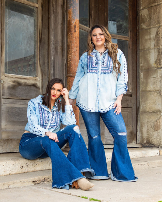Embroidered Denim Pearl Snap Top