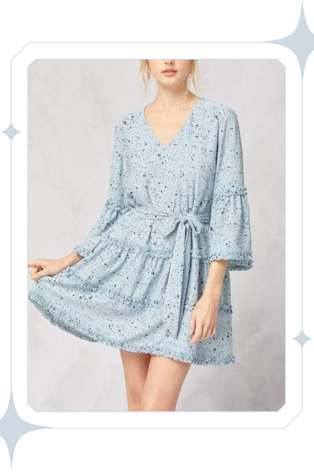 Elevate your style with our Frida Spotted V-neck Mini Dress. Featuring 3/4 sleeves with ruffle detail and a self-tie closure at the waist, this lightweight dress is the perfect combination of boho and chic. The lined woven fabric adds a touch of sophistication while the bohemian and cowgirl elements make it a versatile addition to any wardrobe.