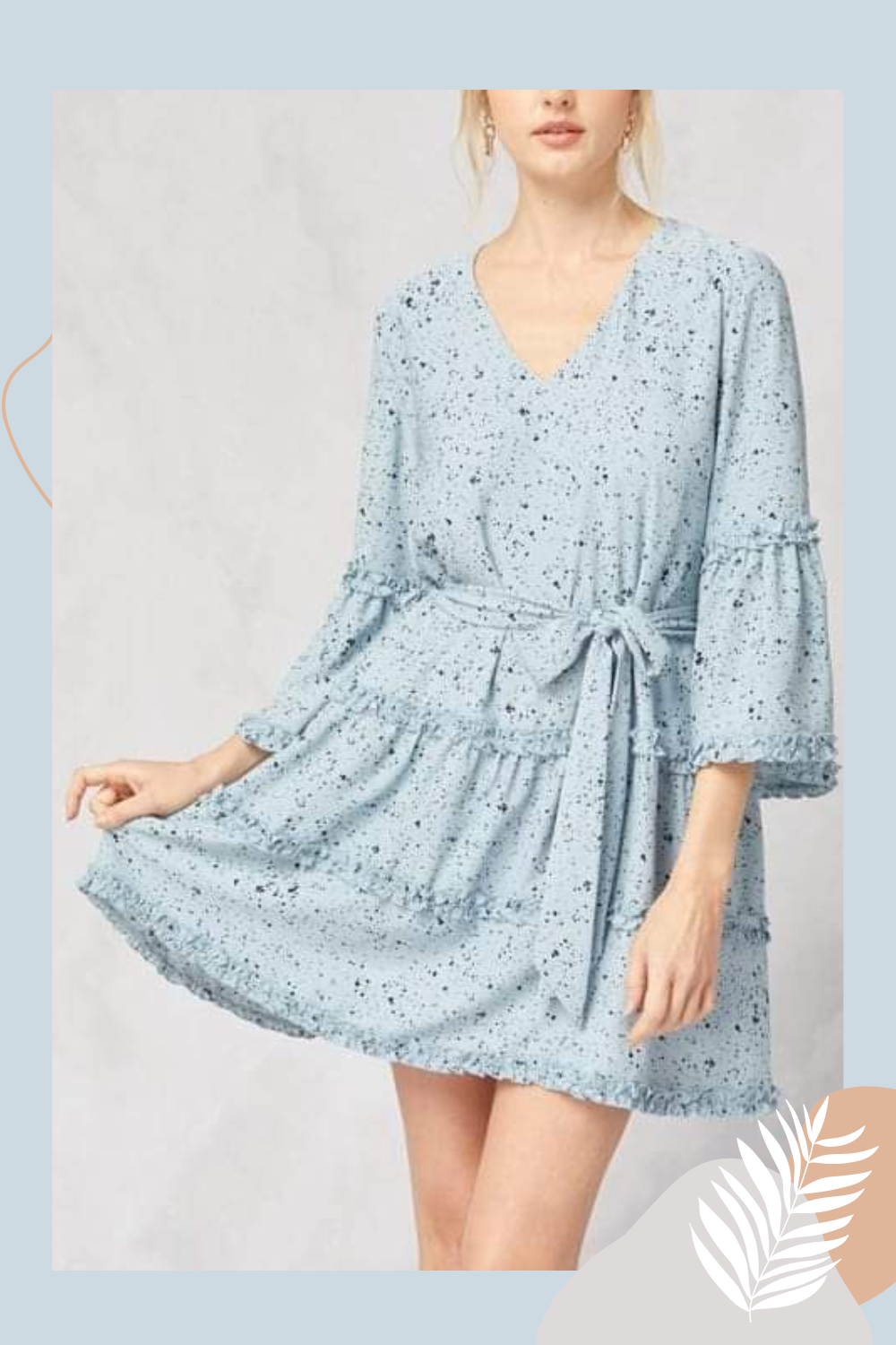 Elevate your style with our Frida Spotted V-neck Mini Dress. Featuring 3/4 sleeves with ruffle detail and a self-tie closure at the waist, this lightweight dress is the perfect combination of boho and chic. The lined woven fabric adds a touch of sophistication while the bohemian and cowgirl elements make it a versatile addition to any wardrobe.
