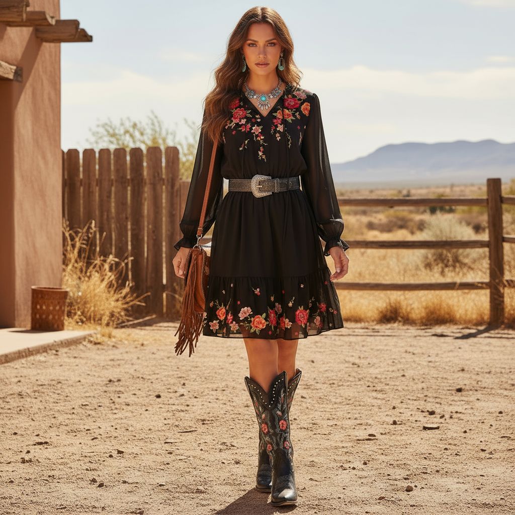 Black Long Sleeve Floral Embroidered Dress