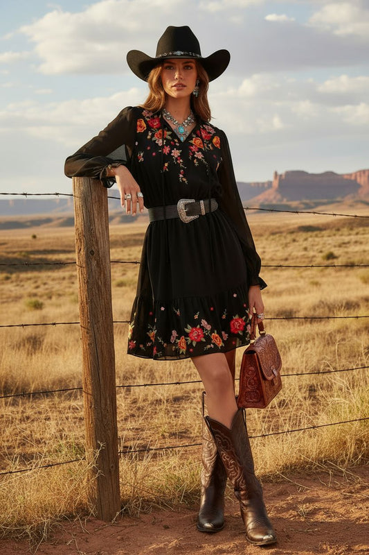 Black Long Sleeve Floral Embroidered Dress