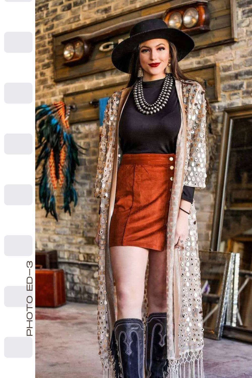Experience the perfect blend of chic and bohemian style with our Gold Sequin Kimono with Fringe. The versatile duster is made with a stunning gold color and features a long flowy silhouette adorned with delicate sequins and fringe detailing. Elevate your urban western or cowgirl look, adding a touch of western fashion to your wardrobe essentials.