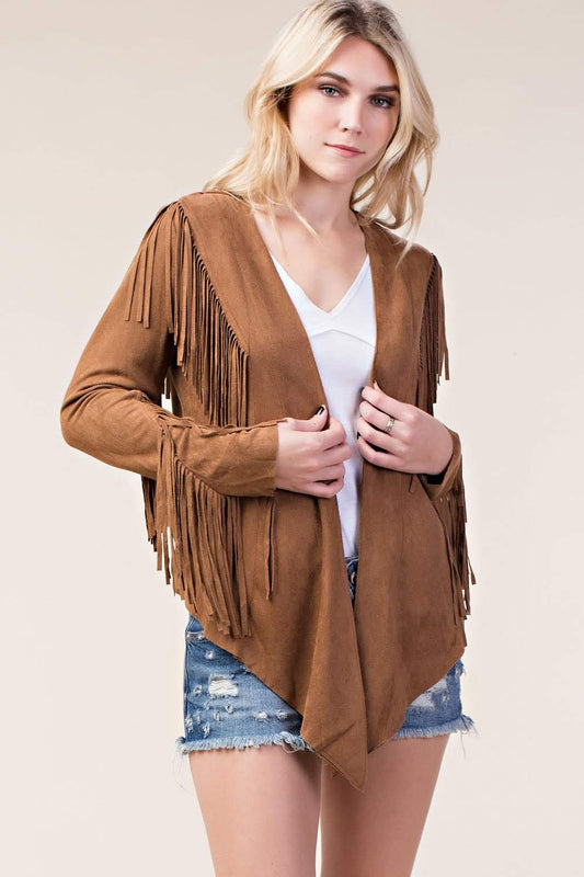 Elevate your style with our Faux Suede Jacket with Fringe in classic camel! This jacket features long sleeves and an open front, perfect for layering. The statement fringe details along the trim and sleeves add a touch of boho-chic to your look. With a whip-stitched back yoke and asymmetrical hem, this jacket is a must-have in any fashionista's wardrobe.