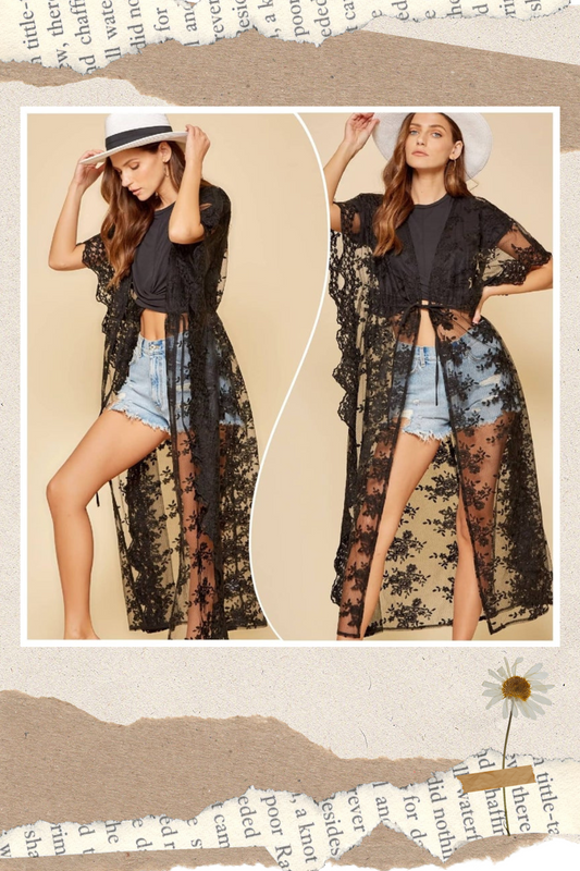 Get ready to turn heads with our Elsa Lace Cover Up! This black lace cardigan exudes Urban Western style while adding a touch of Boho, Cowgirl, and Chic flair. The front tie closure adds a feminine touch to this Boho-Chic and Bohemian inspired piece. Complete your outfit with this must-have addition!