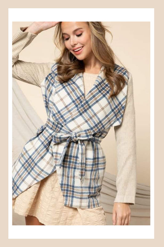 Stay warm and stylish with the Ezra Plaid Lightweight Jacket. Featuring a cream color and trendy plaid print, this jacket is perfect for any occasion. The shawl collar and belted waist add a touch of sophistication while the corduroy sleeves offer a unique twist. Embrace your inner Boho-Chic and Urban Western style with this must-have essential.